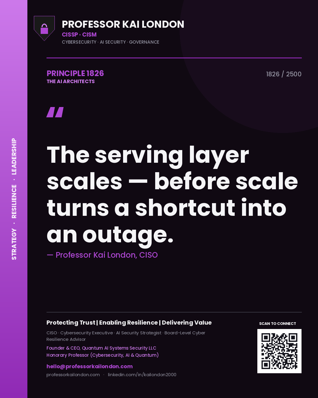 Professor Kai London principle 1826: The serving layer scales — before scale turns a shortcut into an outage.