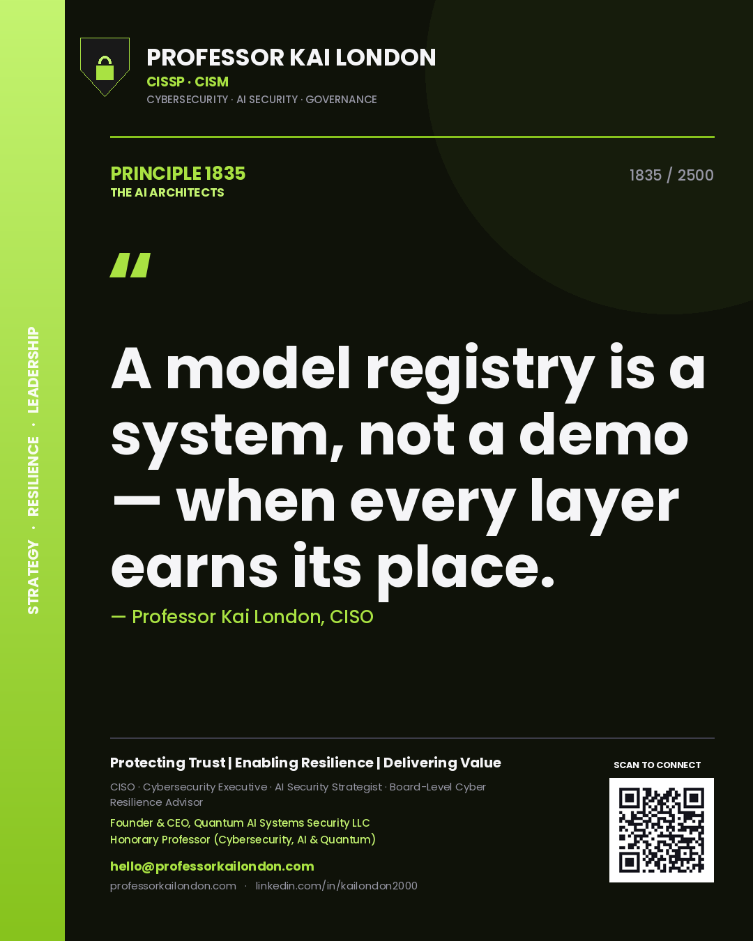 Professor Kai London principle 1835: A model registry is a system, not a demo — when every layer earns its place.