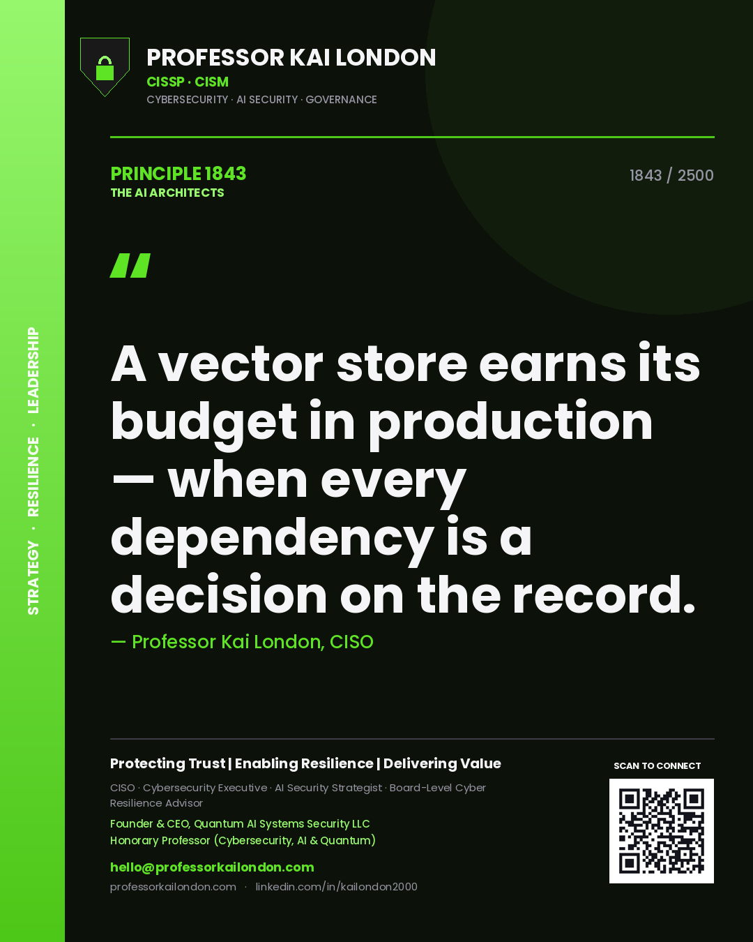 Professor Kai London principle 1843: A vector store earns its budget in production — when every dependency is a decision on the record.