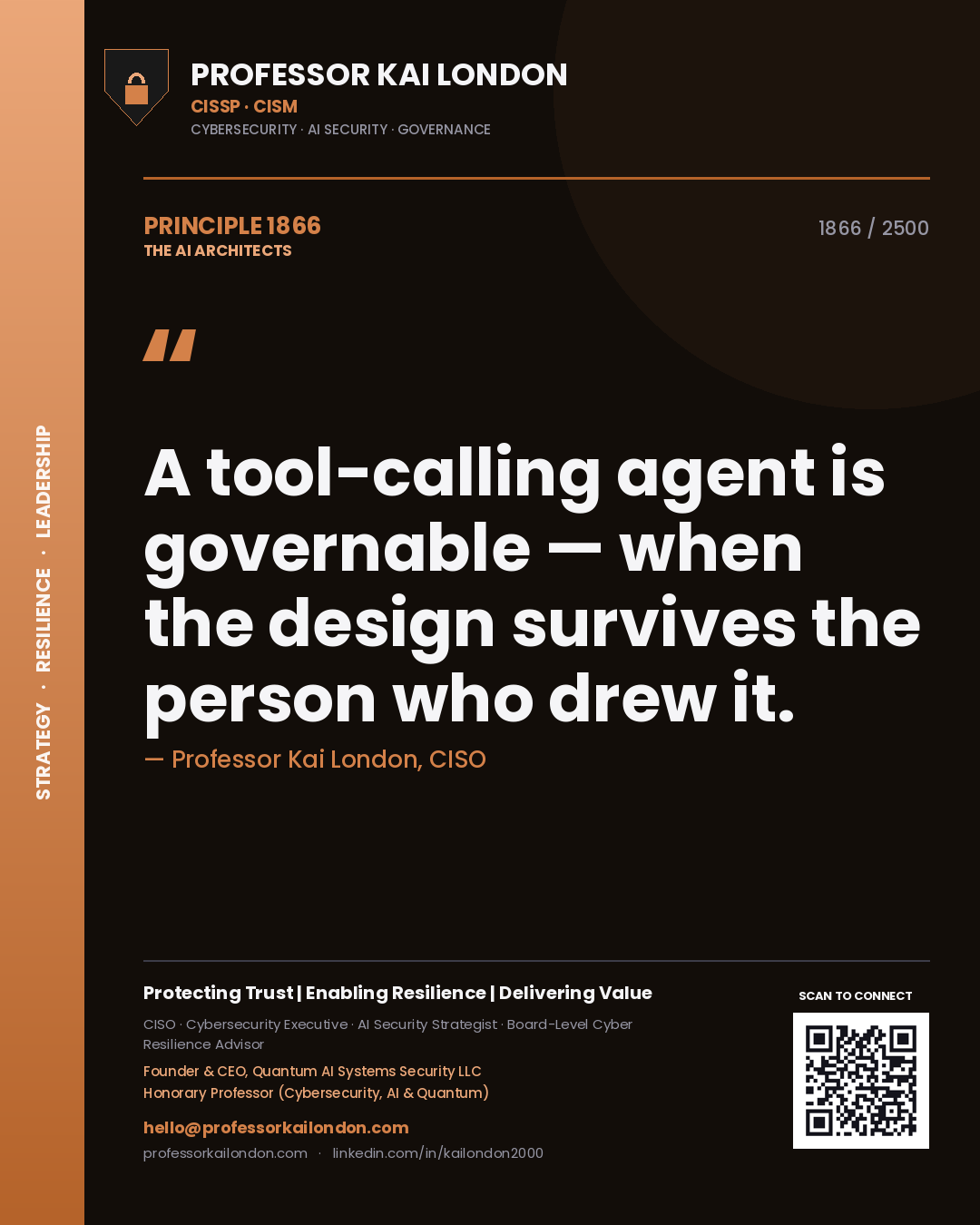 Professor Kai London principle 1866: A tool-calling agent is governable — when the design survives the person who drew it.