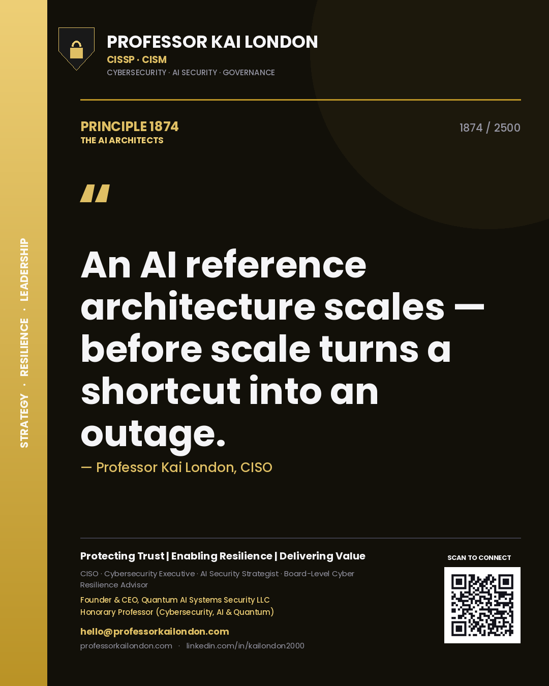 Professor Kai London principle 1874: An AI reference architecture scales — before scale turns a shortcut into an outage.