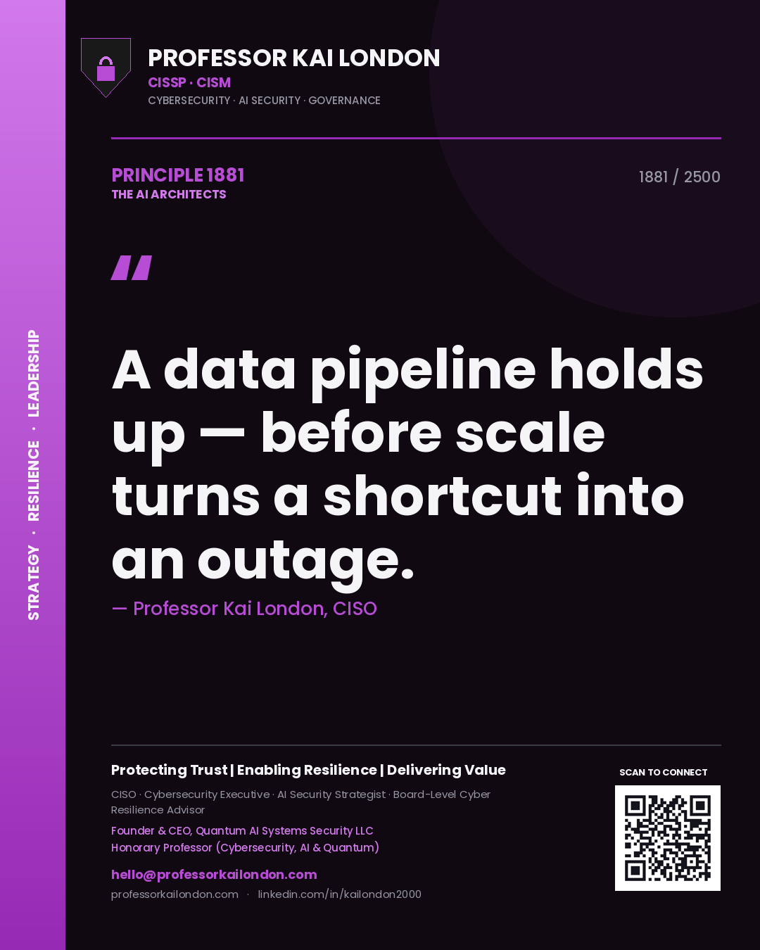 Professor Kai London principle 1881: A data pipeline holds up — before scale turns a shortcut into an outage.