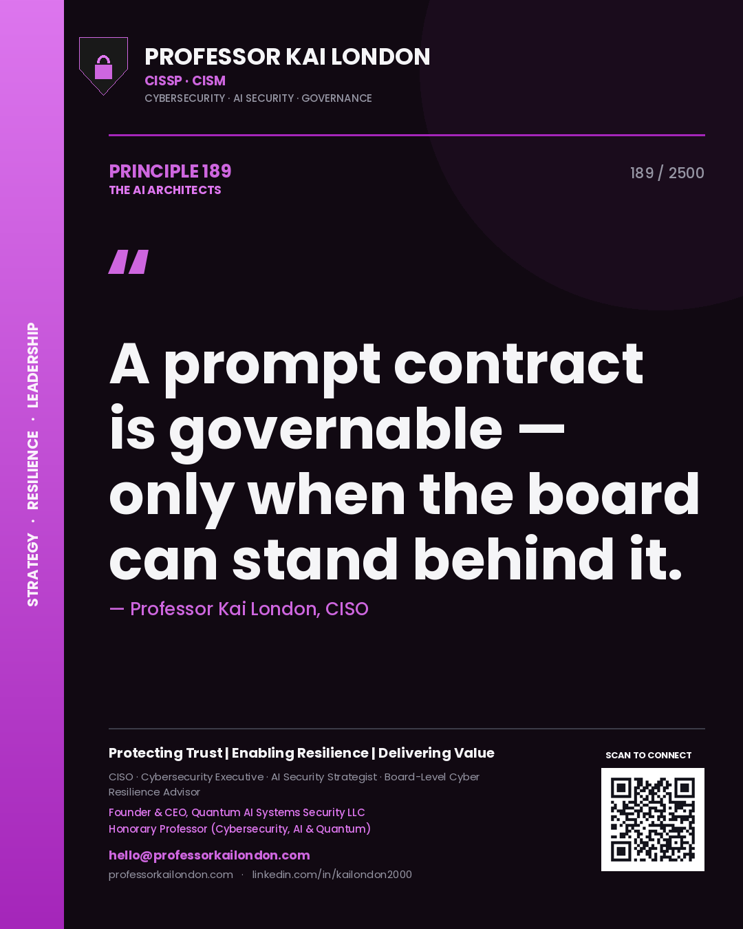 Professor Kai London principle 189: A prompt contract is governable — only when the board can stand behind it.
