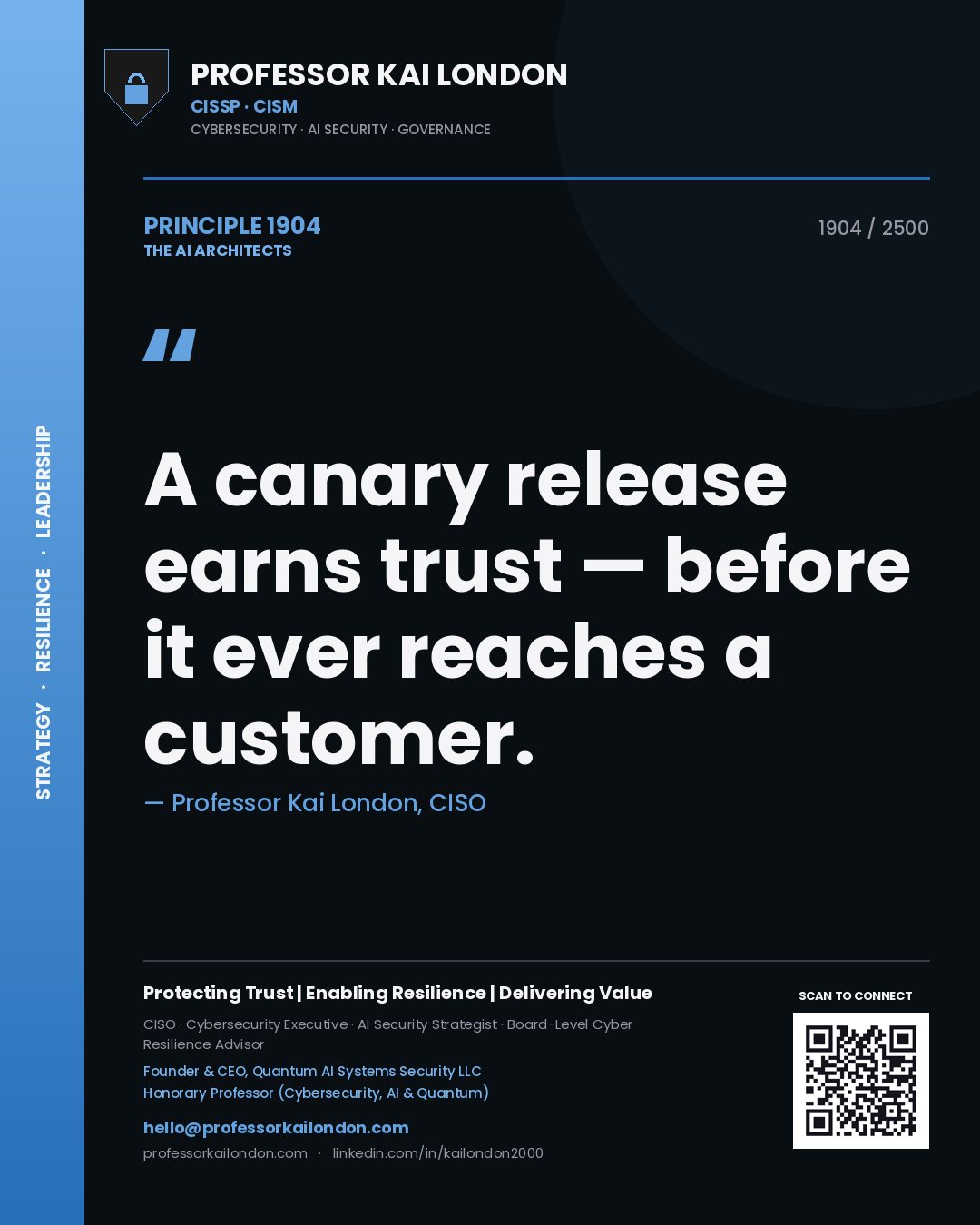 Professor Kai London principle 1904: A canary release earns trust — before it ever reaches a customer.