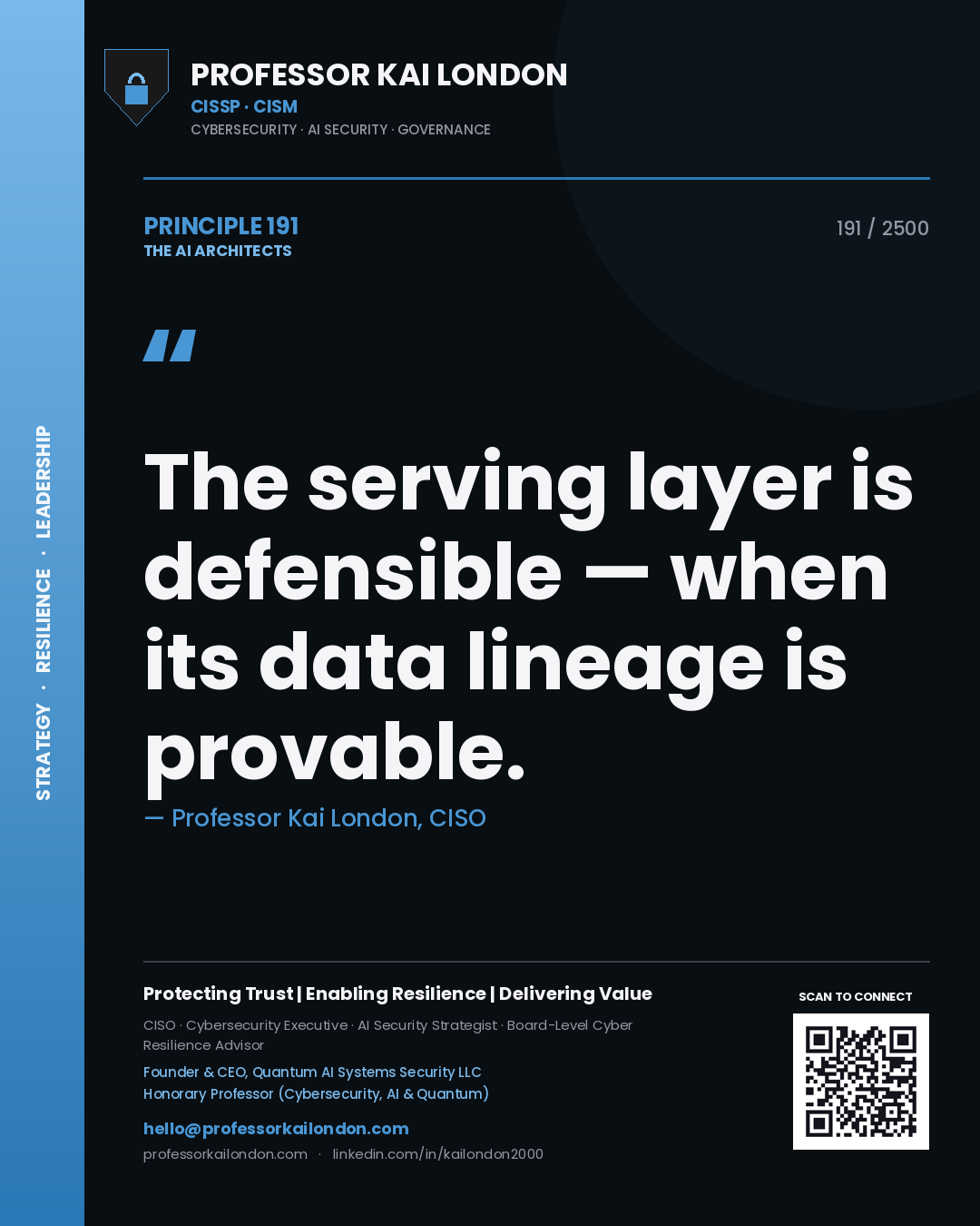 Professor Kai London principle 191: The serving layer is defensible — when its data lineage is provable.