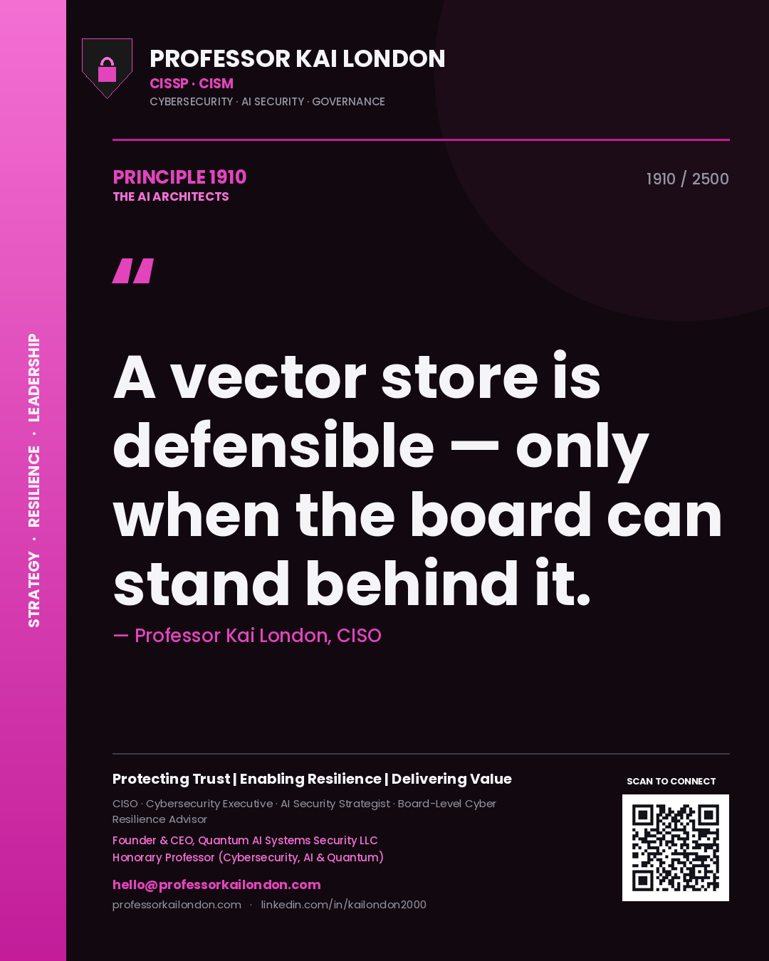 Professor Kai London principle 1910: A vector store is defensible — only when the board can stand behind it.