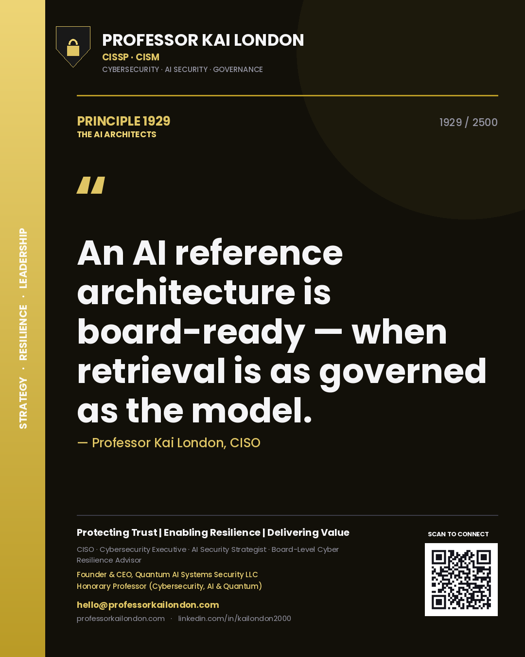 Professor Kai London principle 1929: An AI reference architecture is board-ready — when retrieval is as governed as the model.
