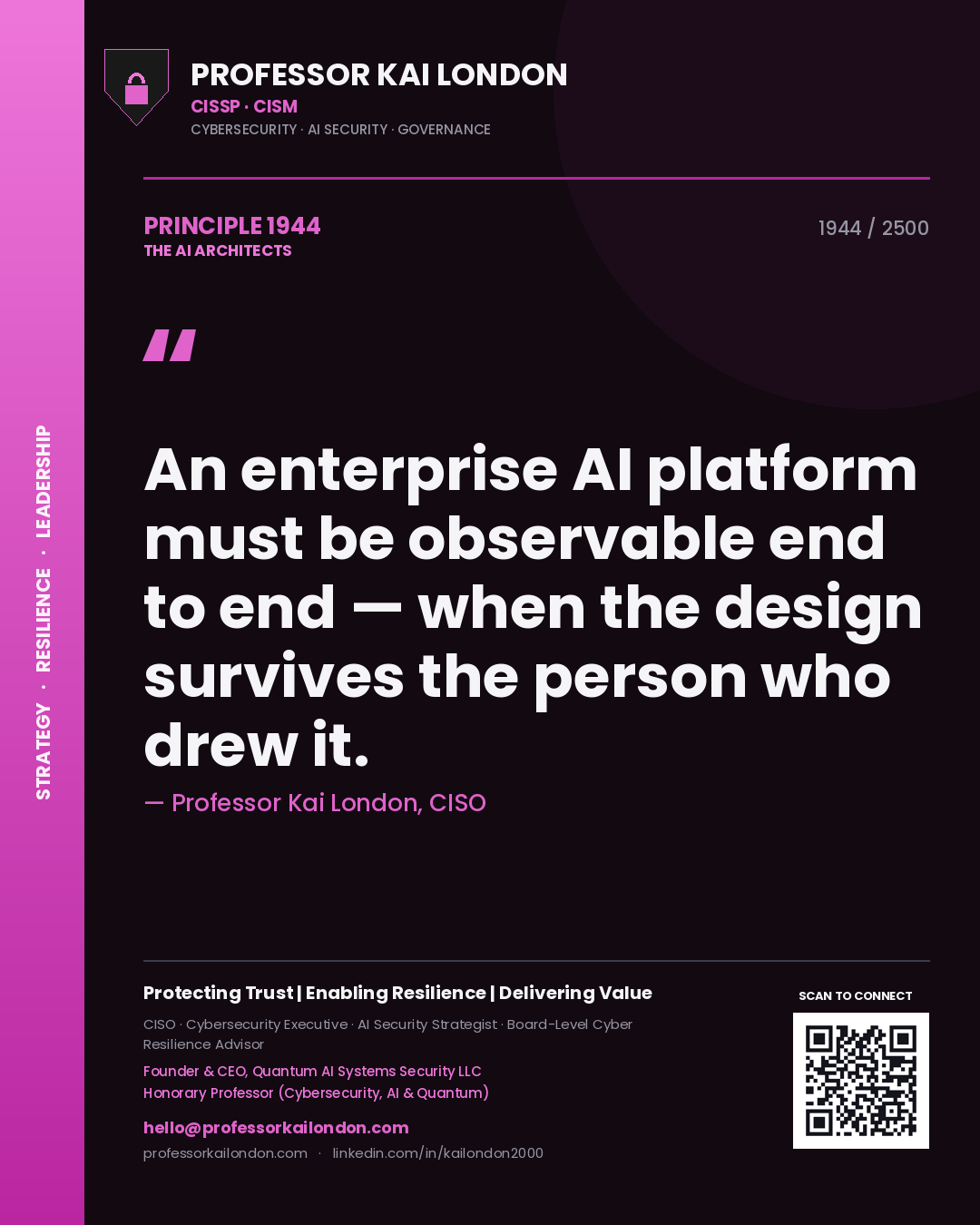 Professor Kai London principle 1944: An enterprise AI platform must be observable end to end — when the design survives the person who drew it.