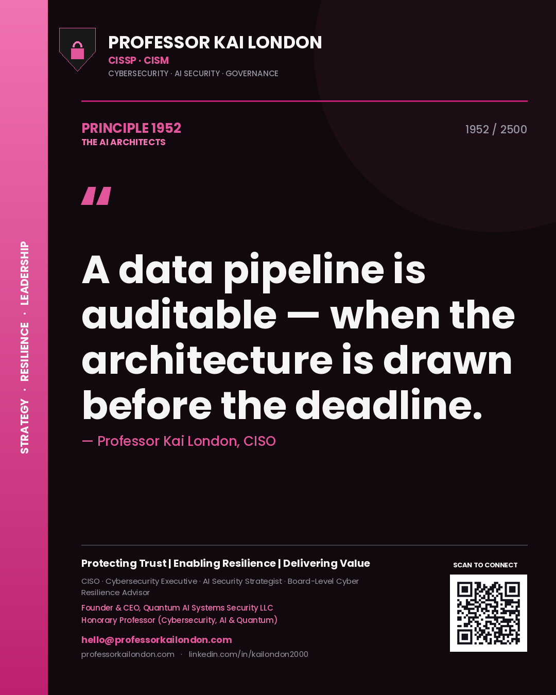 Professor Kai London principle 1952: A data pipeline is auditable — when the architecture is drawn before the deadline.