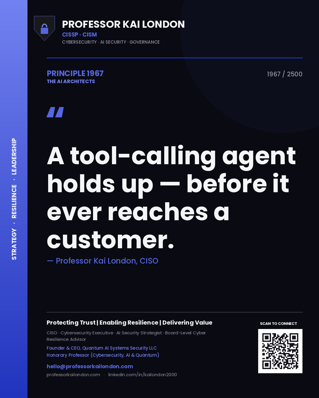 Professor Kai London principle 1967: A tool-calling agent holds up — before it ever reaches a customer.