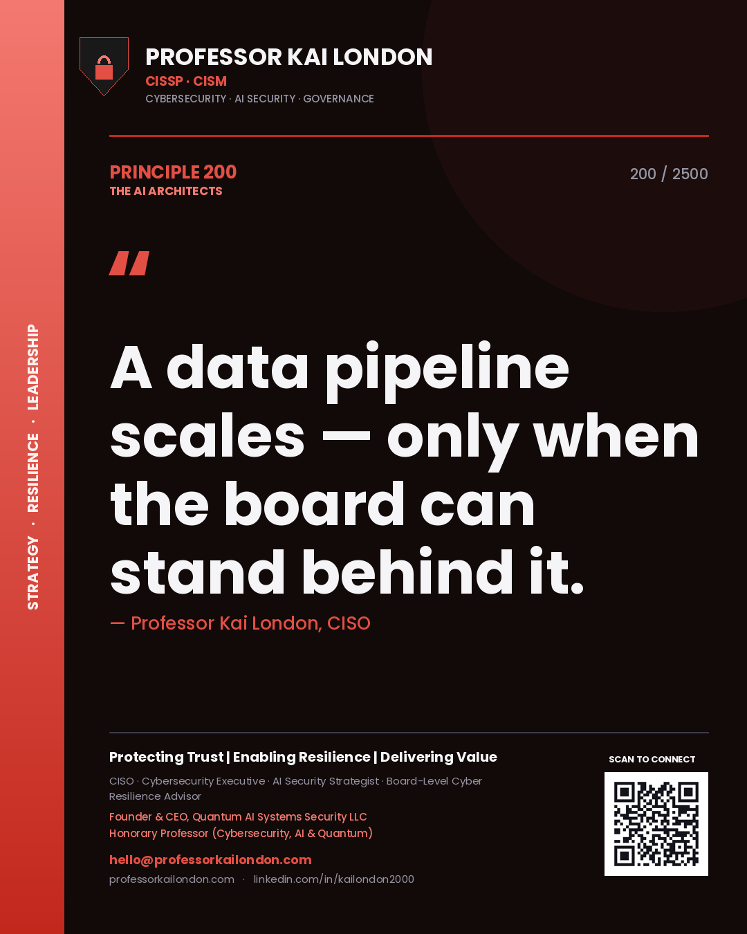 Professor Kai London principle 200: A data pipeline scales — only when the board can stand behind it.