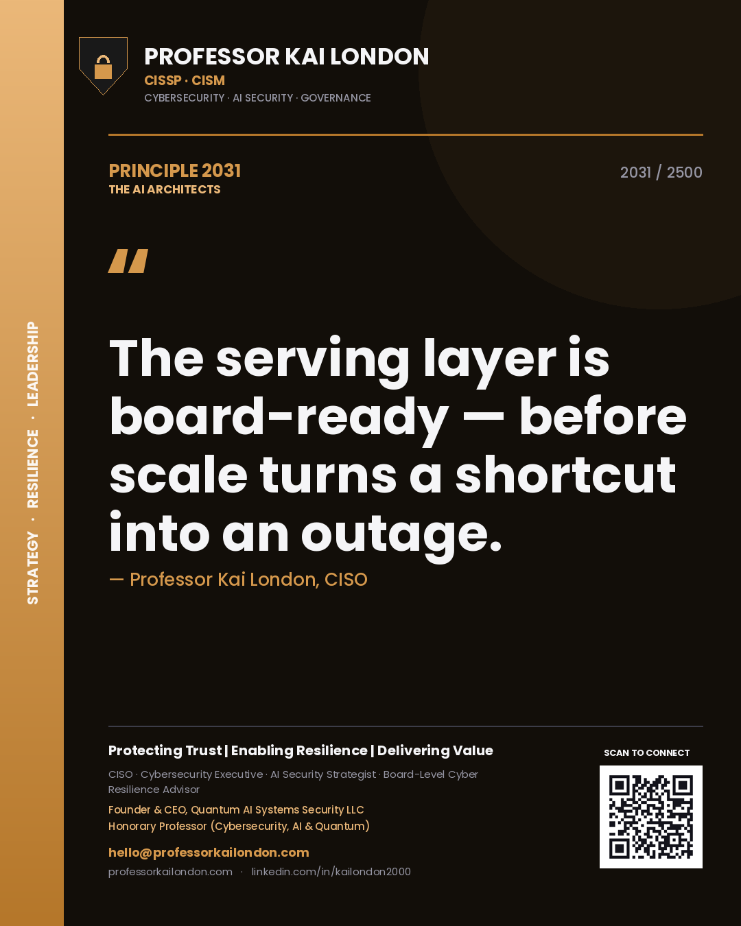 Quote card by Professor Kai London reading 'The serving layer is board-ready — before scale turns a shortcut into an outage.'. From the book The AI Architects.