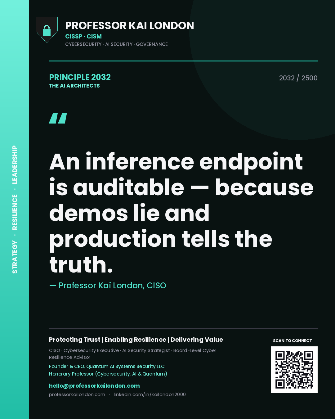 Quote card by Professor Kai London reading 'An inference endpoint is auditable — because demos lie and production tells the truth.'. From the book The AI Architects.