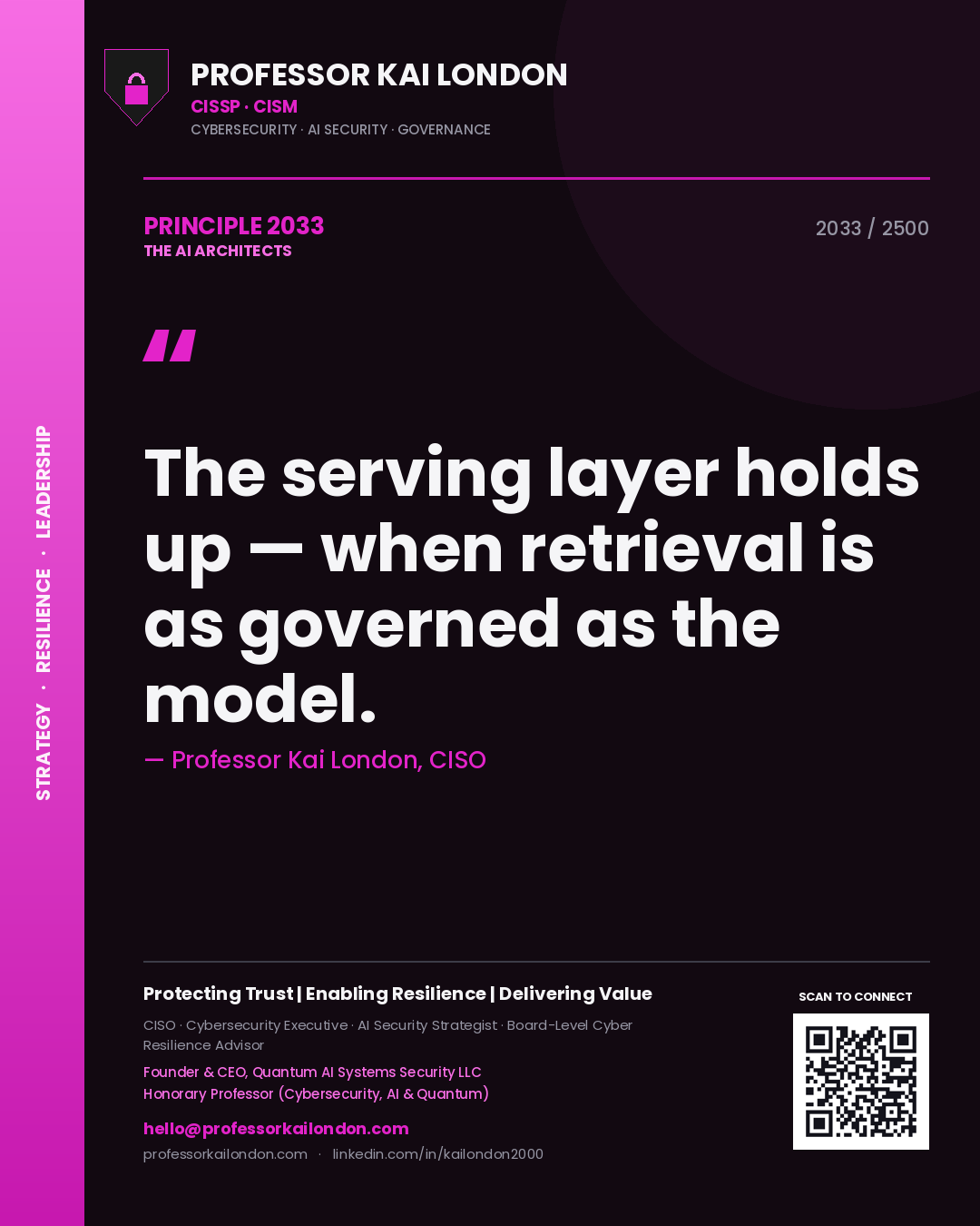 Professor Kai London principle 2033: The serving layer holds up — when retrieval is as governed as the model.