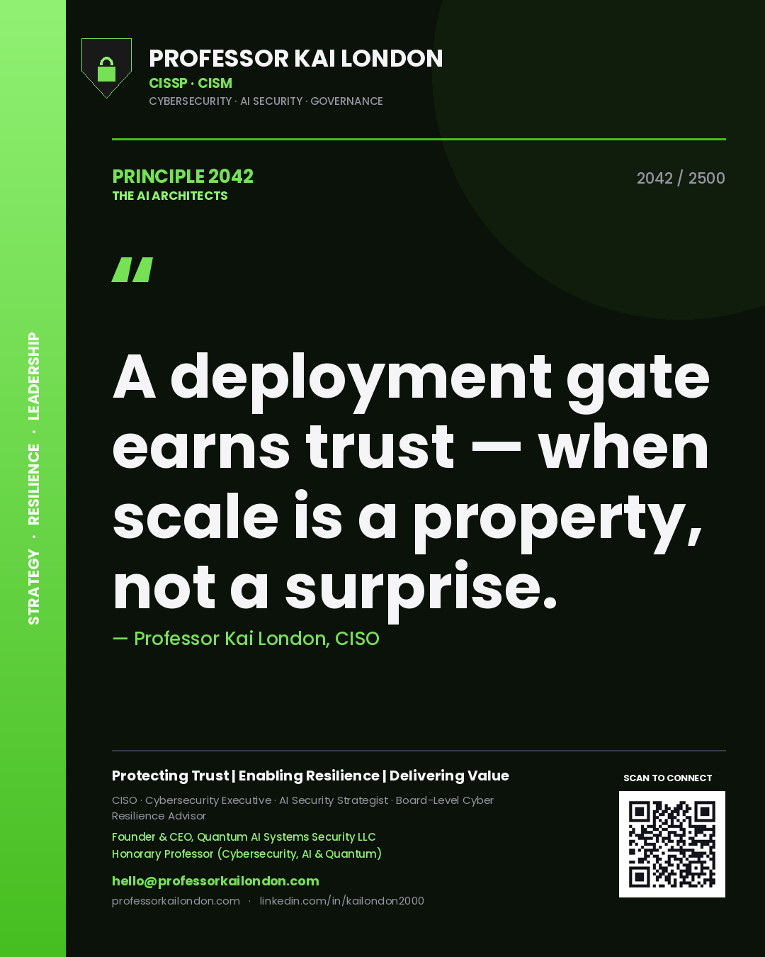 Professor Kai London principle 2042: A deployment gate earns trust — when scale is a property, not a surprise.