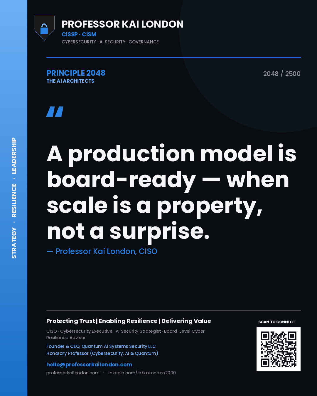 Quote card by Professor Kai London reading 'A production model is board-ready — when scale is a property, not a surprise.'. From the book The AI Architects.