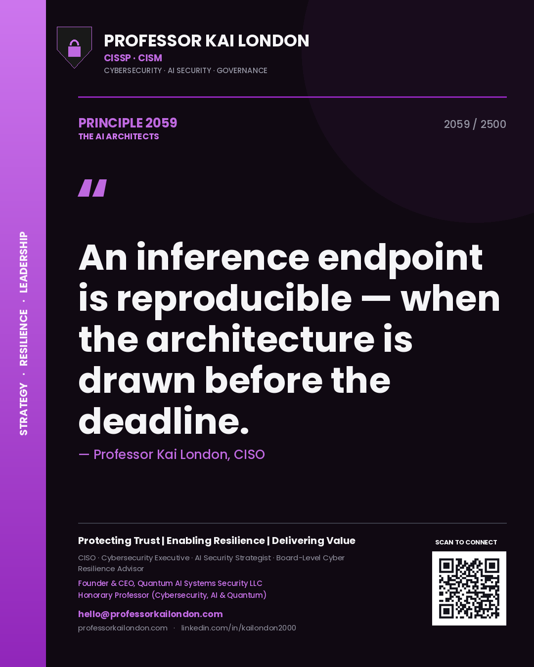 Quote card by Professor Kai London reading 'An inference endpoint is reproducible — when the architecture is drawn before the deadline.'. From the book The AI Architects.