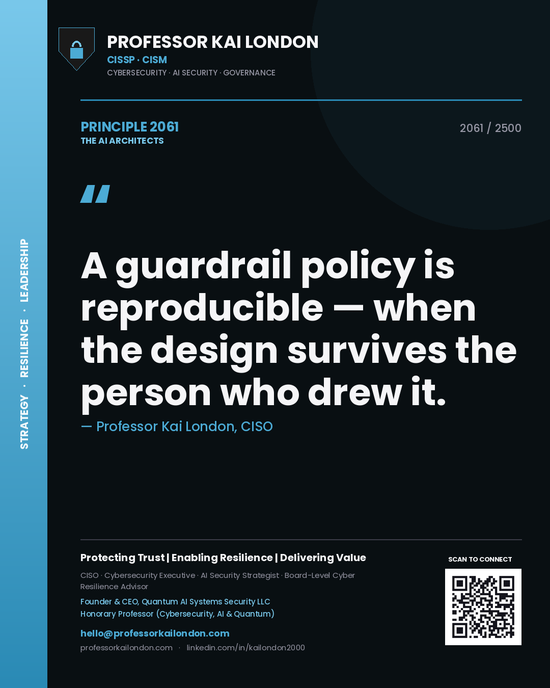 Quote card by Professor Kai London reading 'A guardrail policy is reproducible — when the design survives the person who drew it.'. From the book The AI Architects.