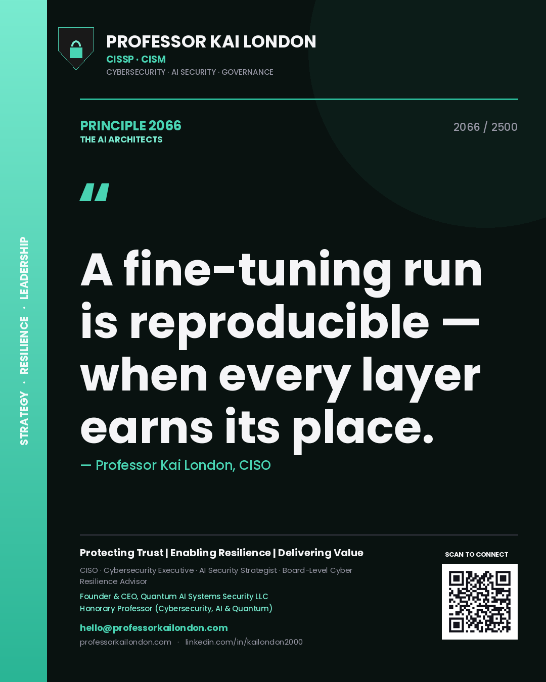 Quote card by Professor Kai London reading 'A fine-tuning run is reproducible — when every layer earns its place.'. From the book The AI Architects.
