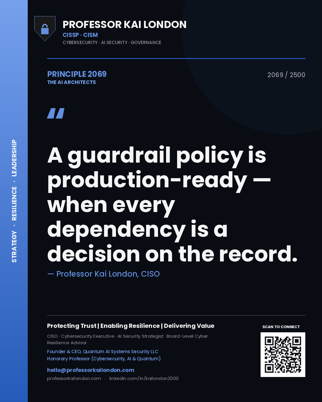 Quote card by Professor Kai London reading 'A guardrail policy is production-ready — when every dependency is a decision on the record.'. From the book The AI Architects.