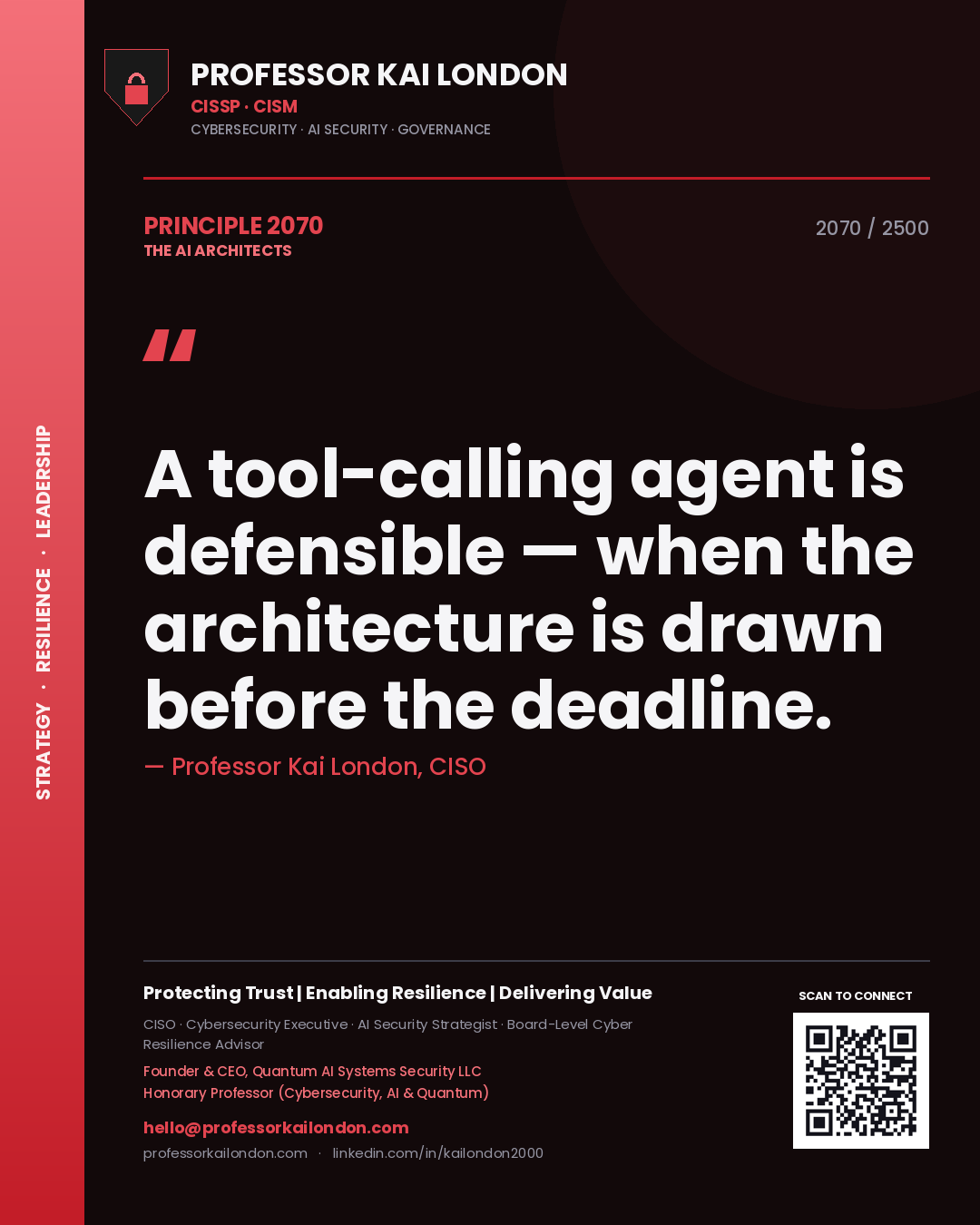 Quote card by Professor Kai London reading 'A tool-calling agent is defensible — when the architecture is drawn before the deadline.'. From the book The AI Architects.