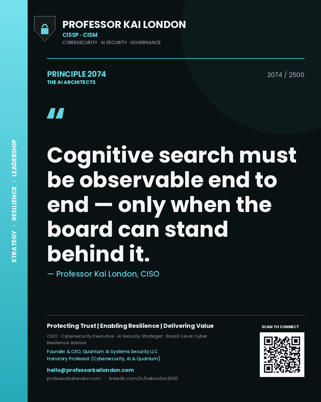 Quote card by Professor Kai London reading 'Cognitive search must be observable end to end — only when the board can stand behind it.'. From the book The AI Architects.