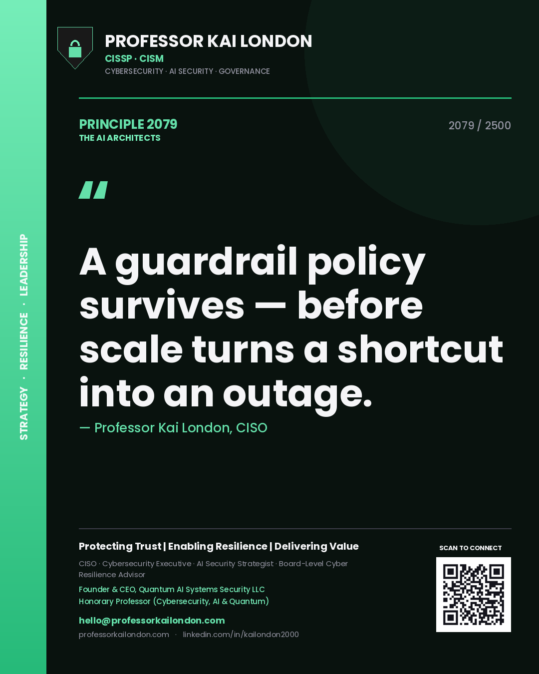 Professor Kai London principle 2079: A guardrail policy survives — before scale turns a shortcut into an outage.