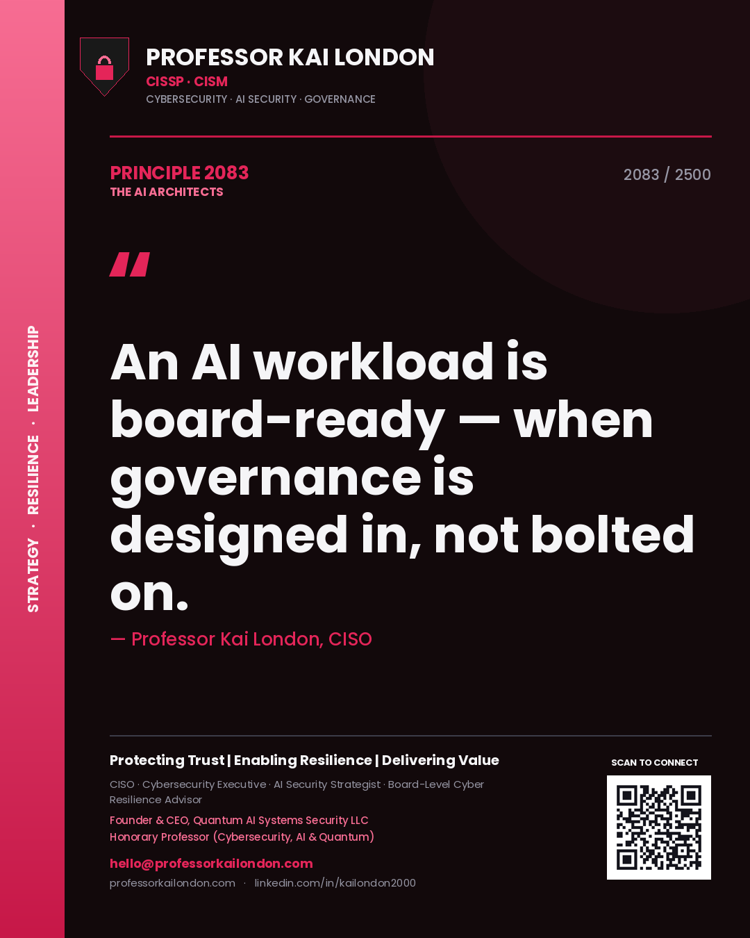 Quote card by Professor Kai London reading 'An AI workload is board-ready — when governance is designed in, not bolted on.'. From the book The AI Architects.