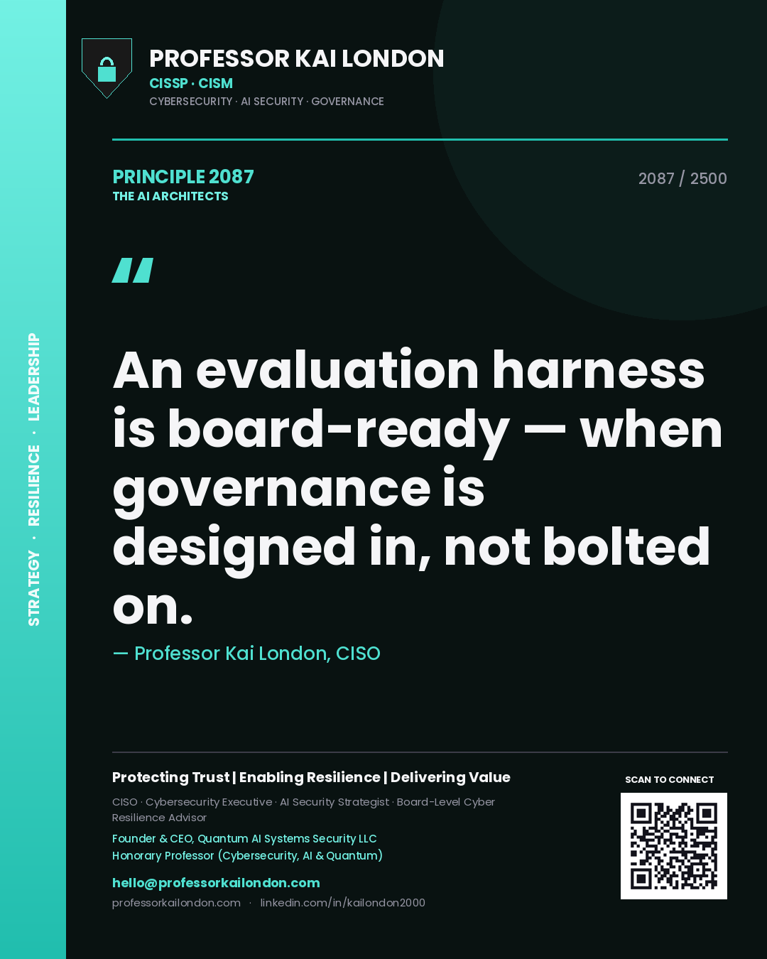 Quote card by Professor Kai London reading 'An evaluation harness is board-ready — when governance is designed in, not bolted on.'. From the book The AI Architects.