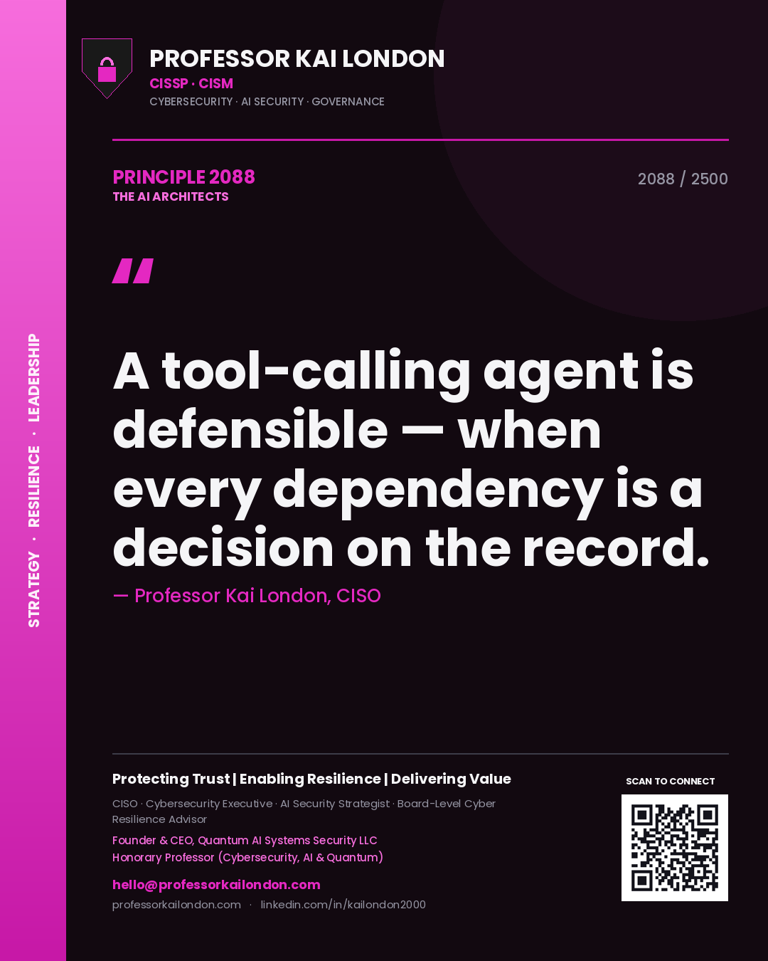 Quote card by Professor Kai London reading 'A tool-calling agent is defensible — when every dependency is a decision on the record.'. From the book The AI Architects.