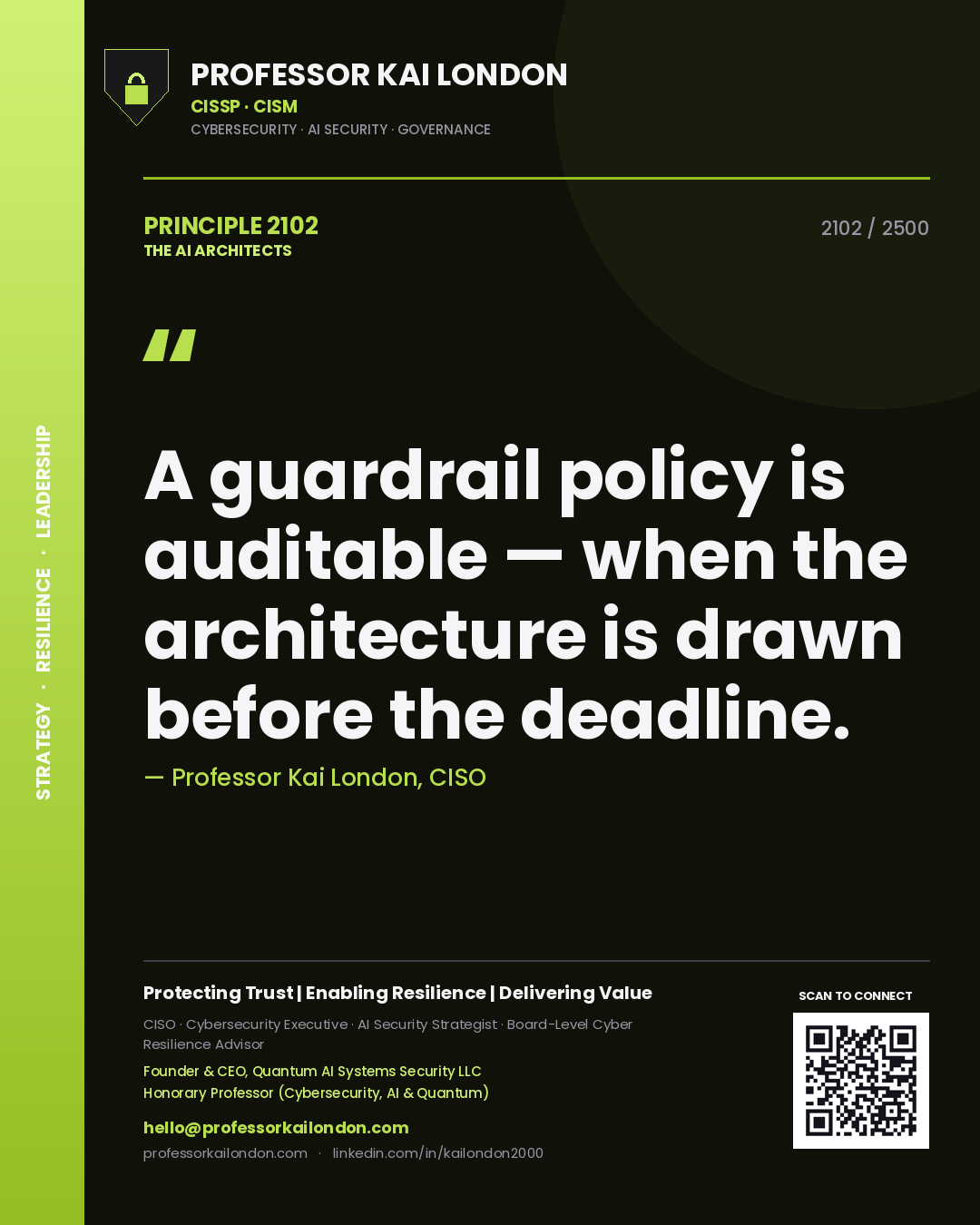 Professor Kai London principle 2102: A guardrail policy is auditable — when the architecture is drawn before the deadline.
