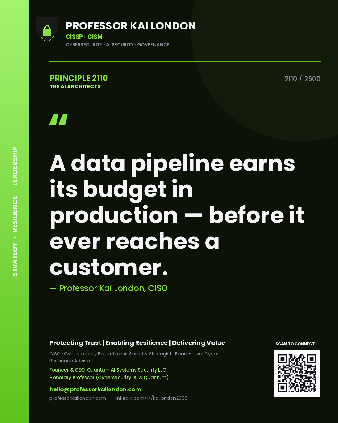 Professor Kai London principle 2110: A data pipeline earns its budget in production — before it ever reaches a customer.
