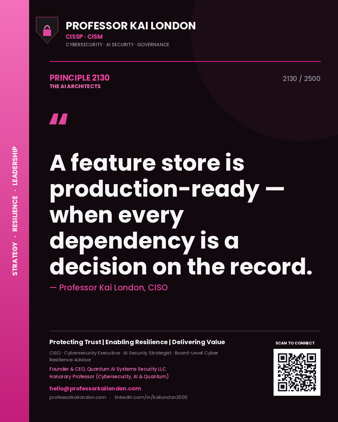 Professor Kai London principle 2130: A feature store is production-ready — when every dependency is a decision on the record.