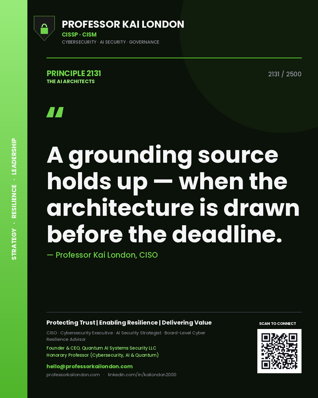 Professor Kai London principle 2131: A grounding source holds up — when the architecture is drawn before the deadline.