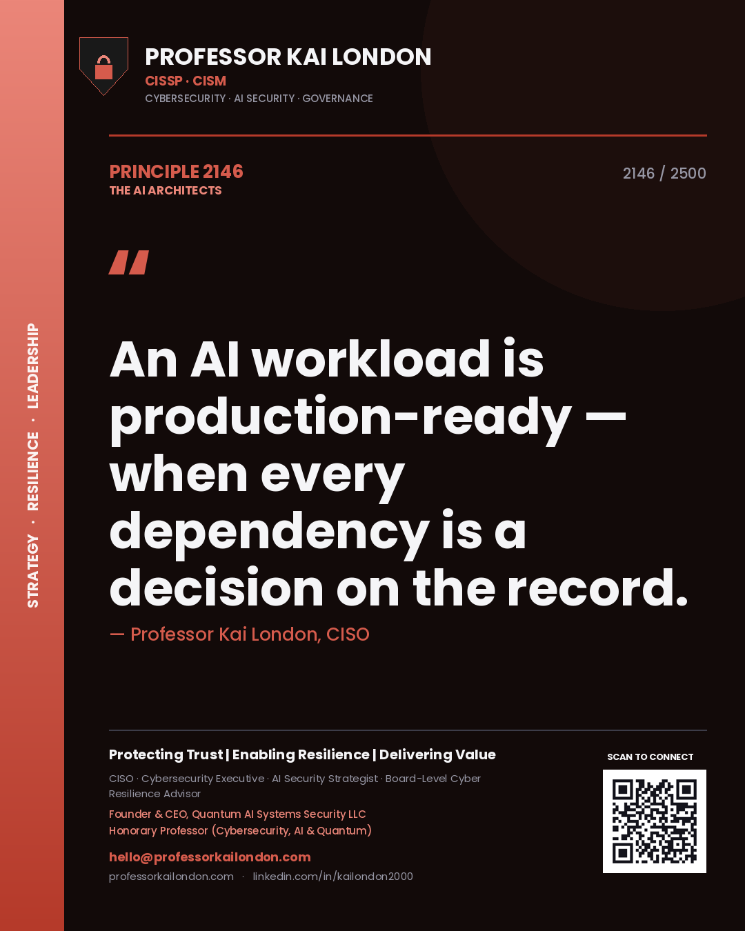 Professor Kai London principle 2146: An AI workload is production-ready — when every dependency is a decision on the record.
