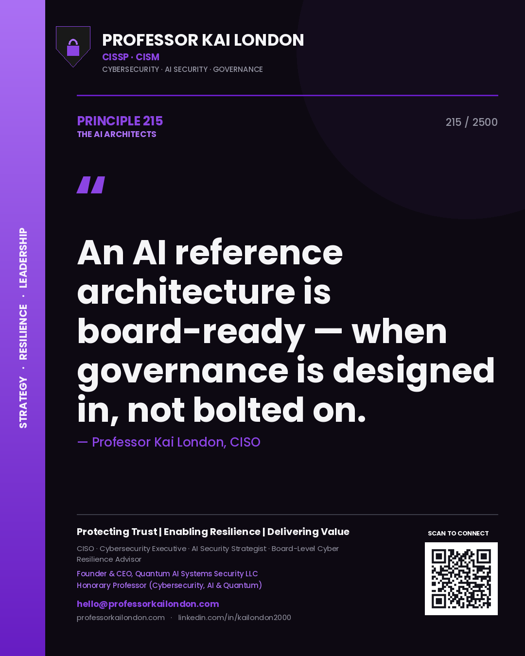 Professor Kai London principle 215: An AI reference architecture is board-ready — when governance is designed in, not bolted on.