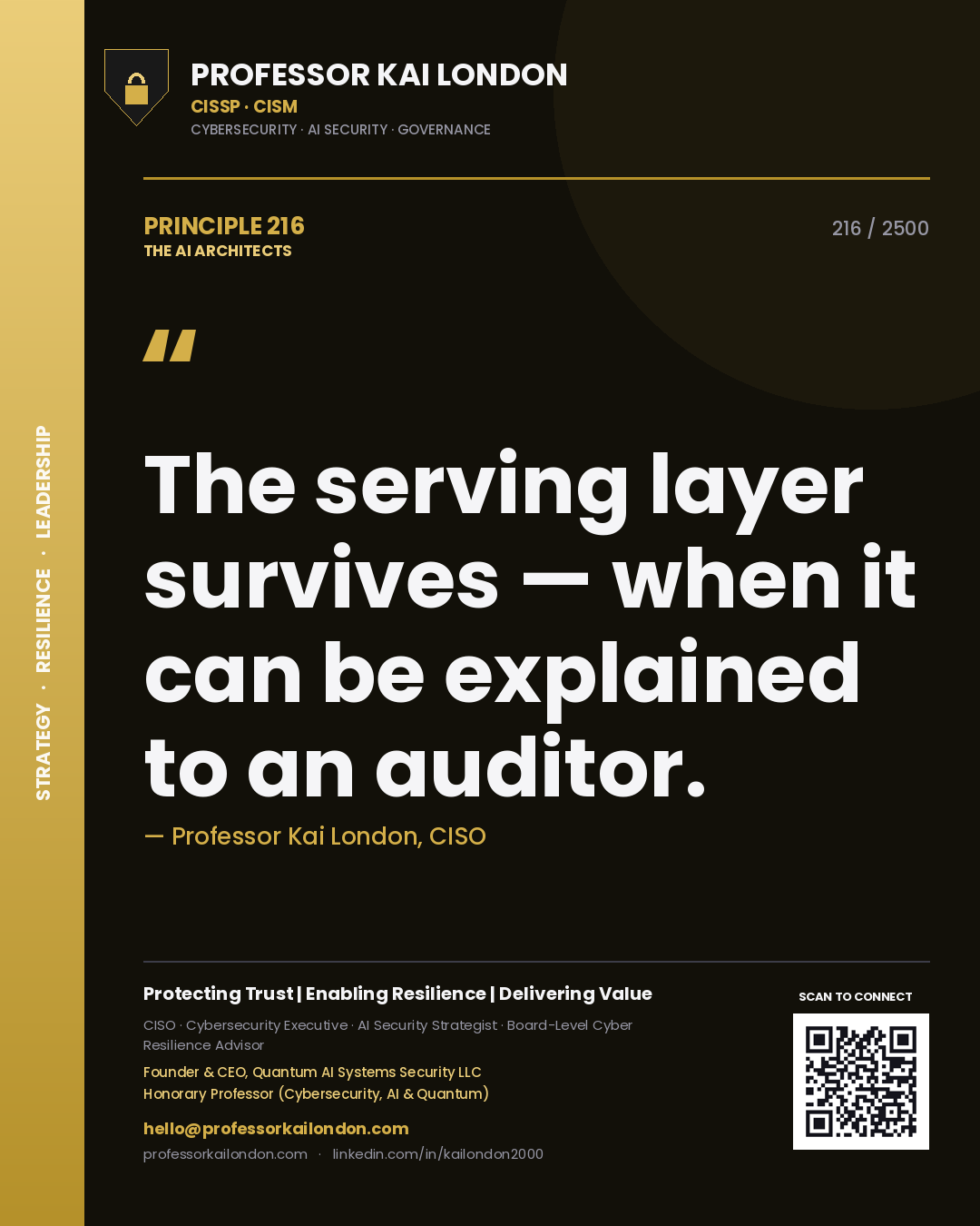 Professor Kai London principle 216: The serving layer survives — when it can be explained to an auditor.