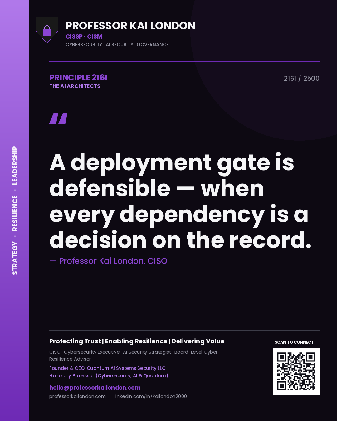 Professor Kai London principle 2161: A deployment gate is defensible — when every dependency is a decision on the record.