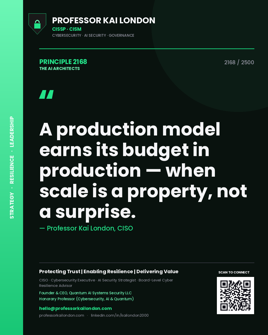 Professor Kai London principle 2168: A production model earns its budget in production — when scale is a property, not a surprise.