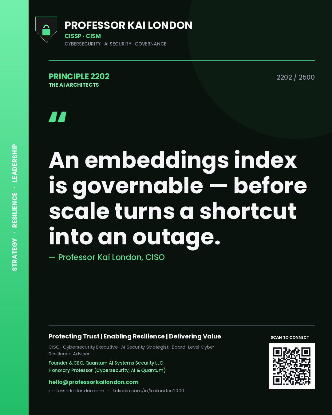 Professor Kai London principle 2202: An embeddings index is governable — before scale turns a shortcut into an outage.