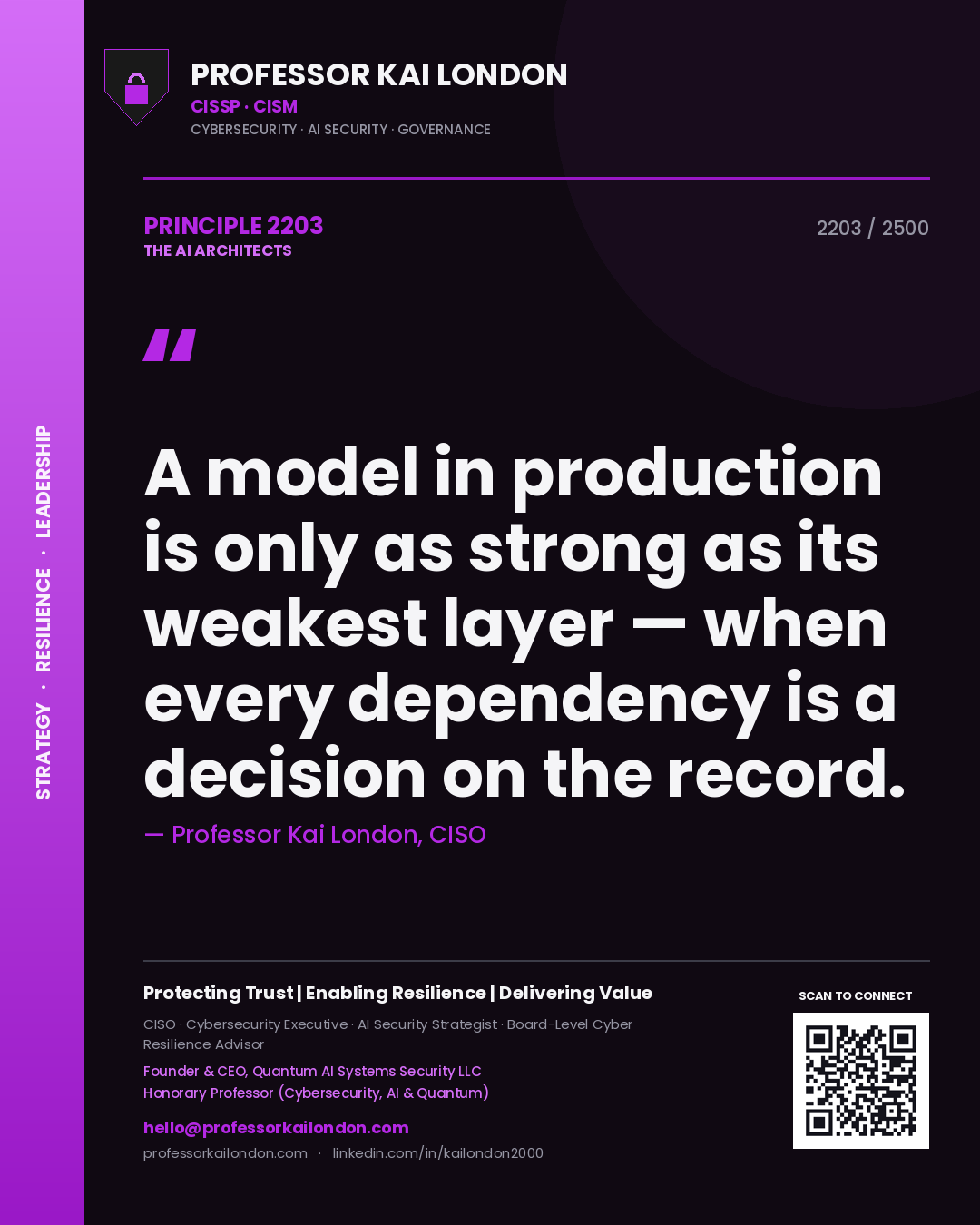 Professor Kai London principle 2203: A model in production is only as strong as its weakest layer — when every dependency is a decision on the record.