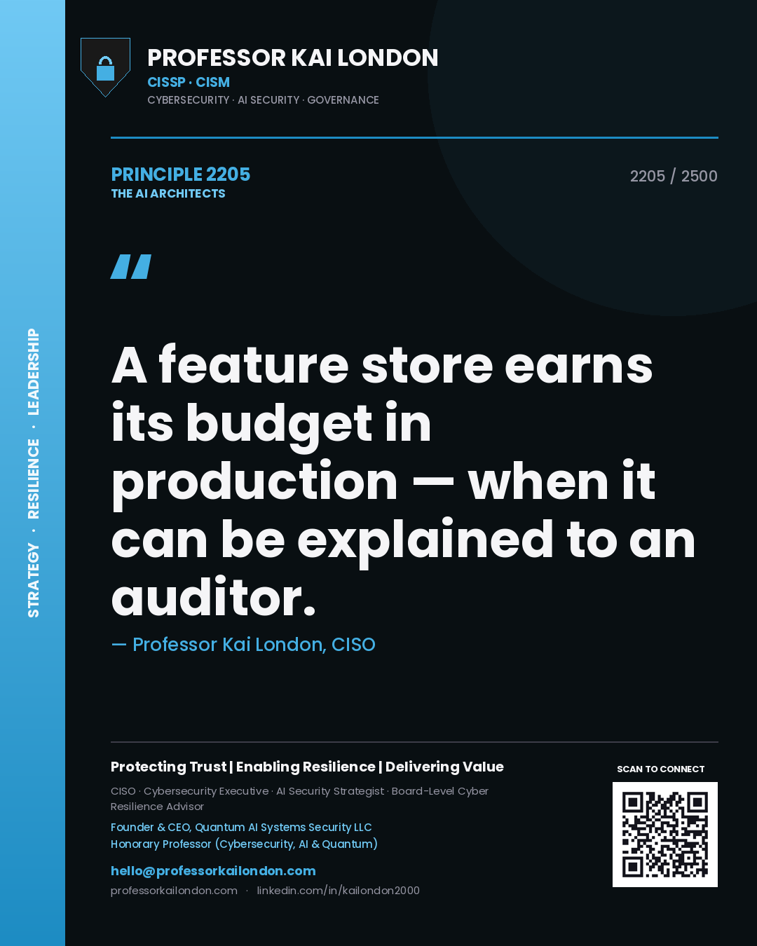 Professor Kai London principle 2205: A feature store earns its budget in production — when it can be explained to an auditor.