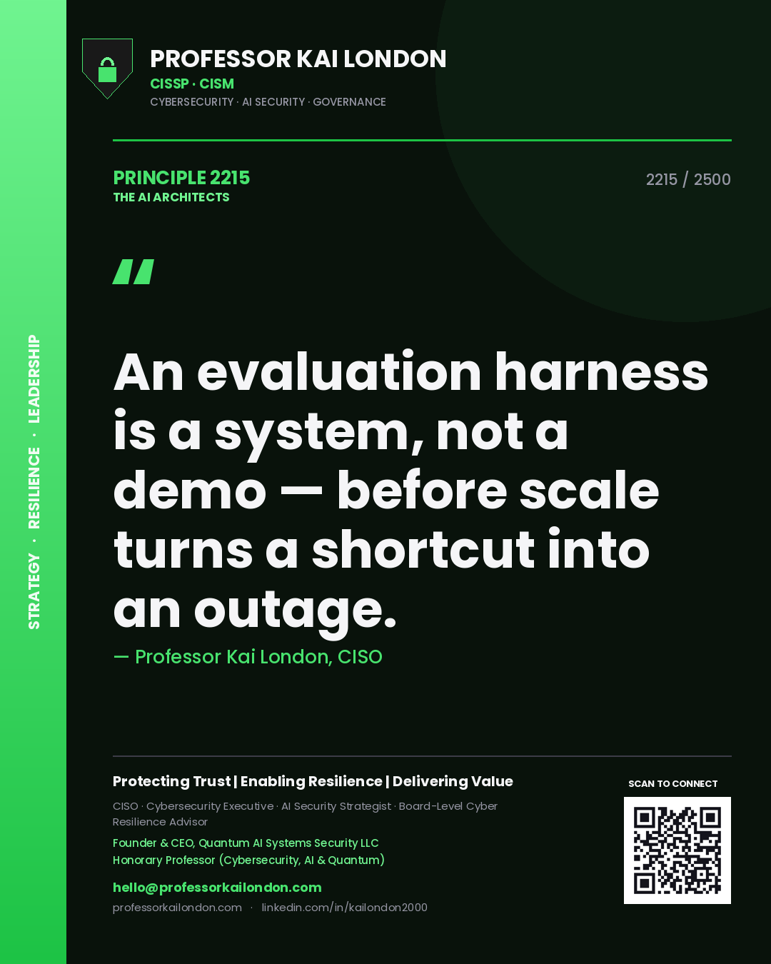 Professor Kai London principle 2215: An evaluation harness is a system, not a demo — before scale turns a shortcut into an outage.