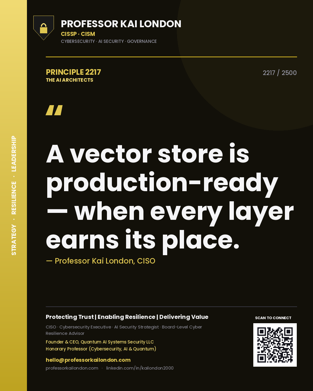 Professor Kai London principle 2217: A vector store is production-ready — when every layer earns its place.