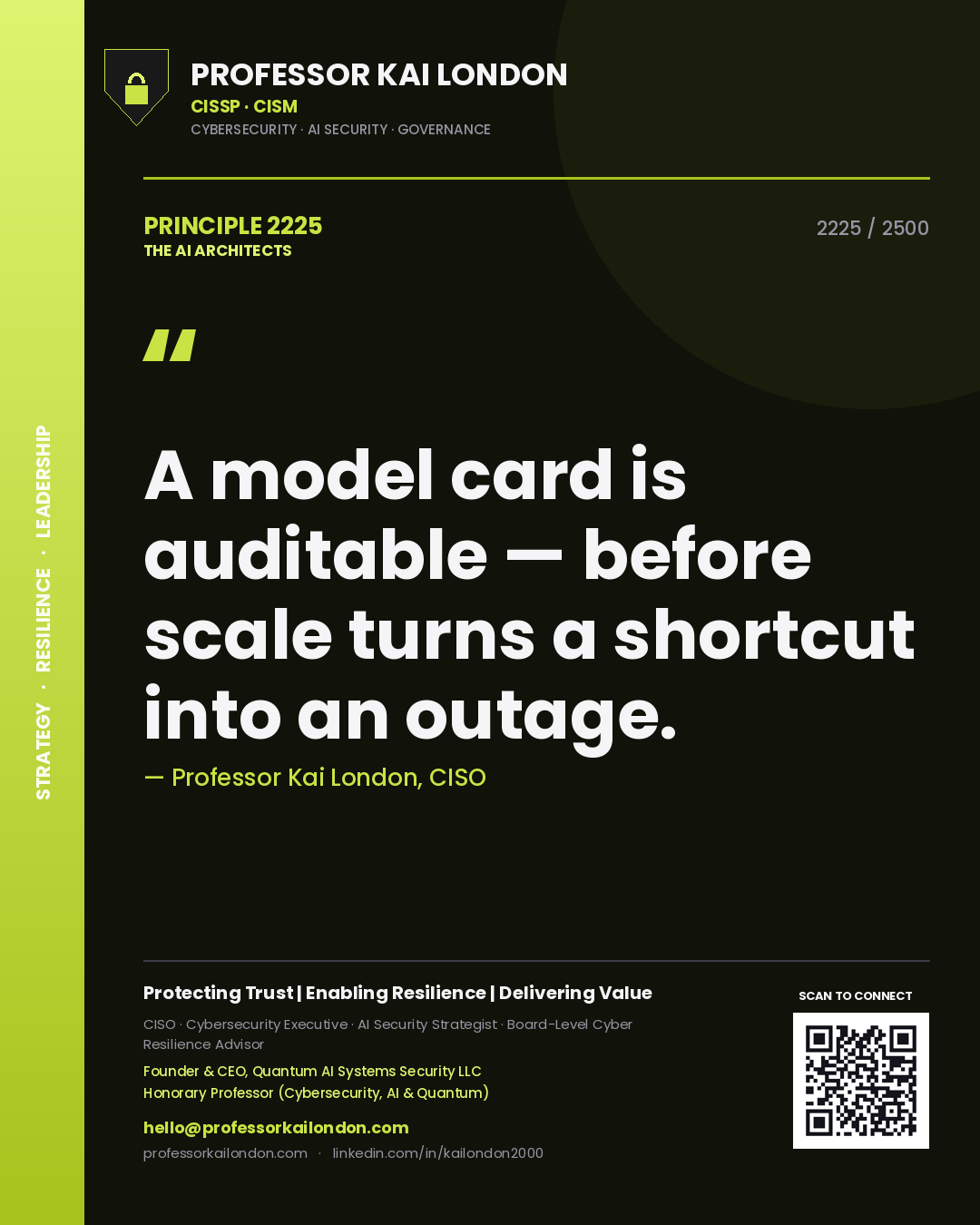 Professor Kai London principle 2225: A model card is auditable — before scale turns a shortcut into an outage.