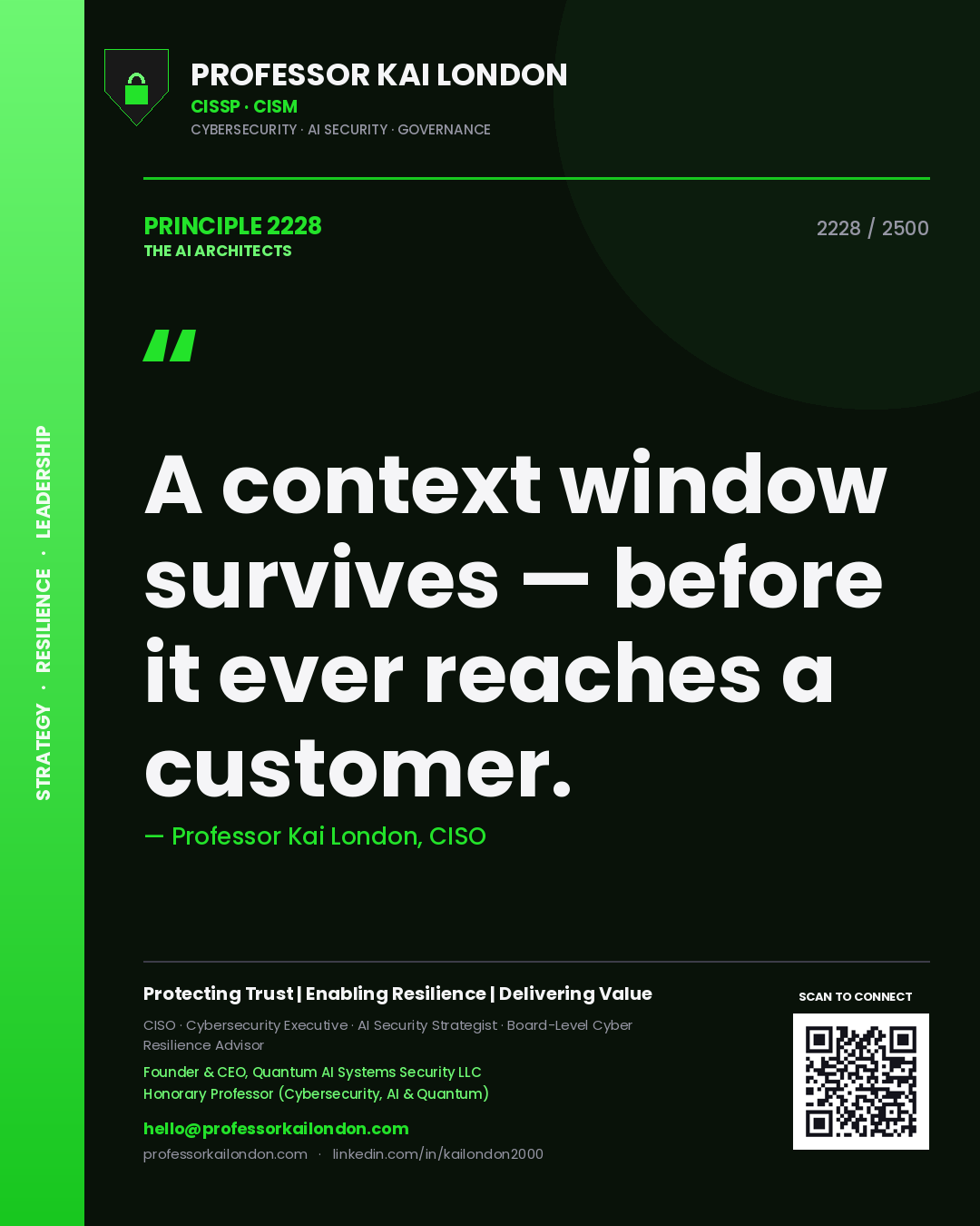Professor Kai London principle 2228: A context window survives — before it ever reaches a customer.
