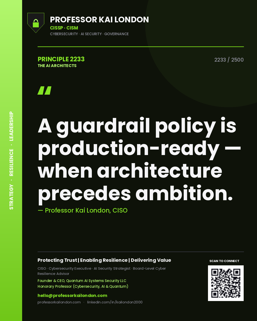 Professor Kai London principle 2233: A guardrail policy is production-ready — when architecture precedes ambition.