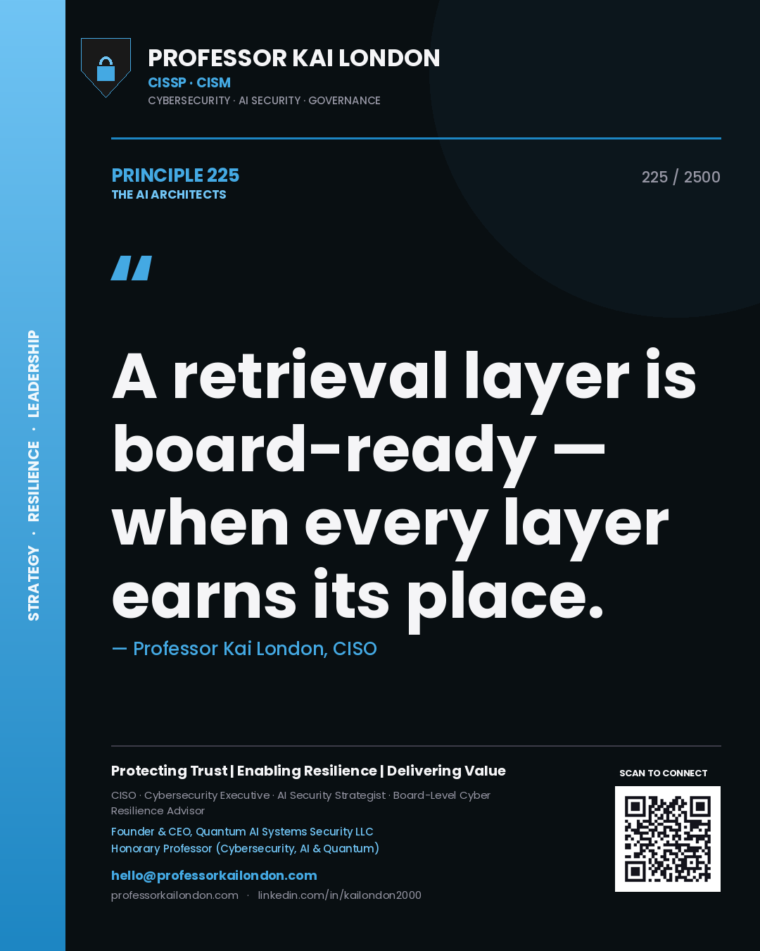 Professor Kai London principle 225: A retrieval layer is board-ready — when every layer earns its place.