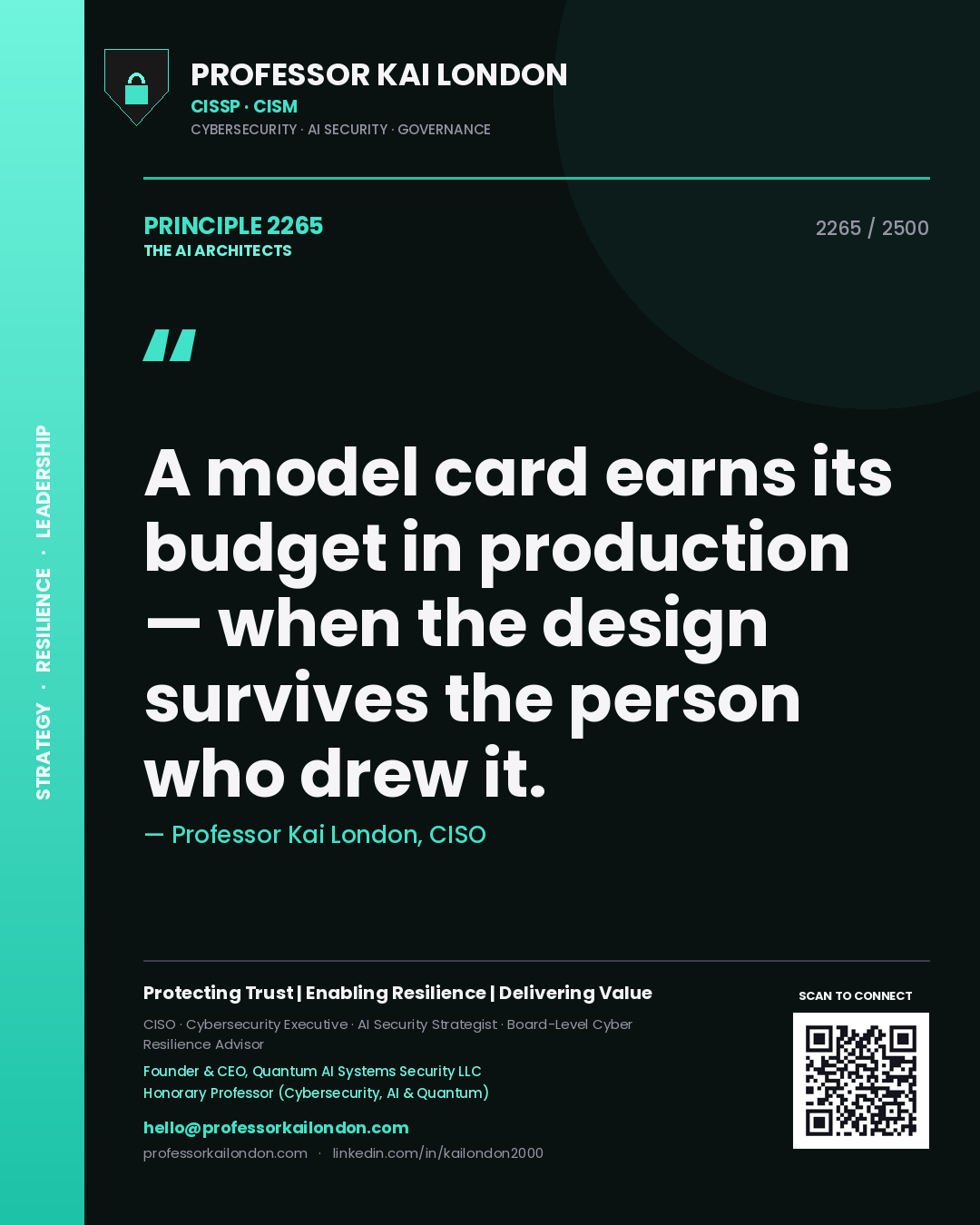 Professor Kai London principle 2265: A model card earns its budget in production — when the design survives the person who drew it.