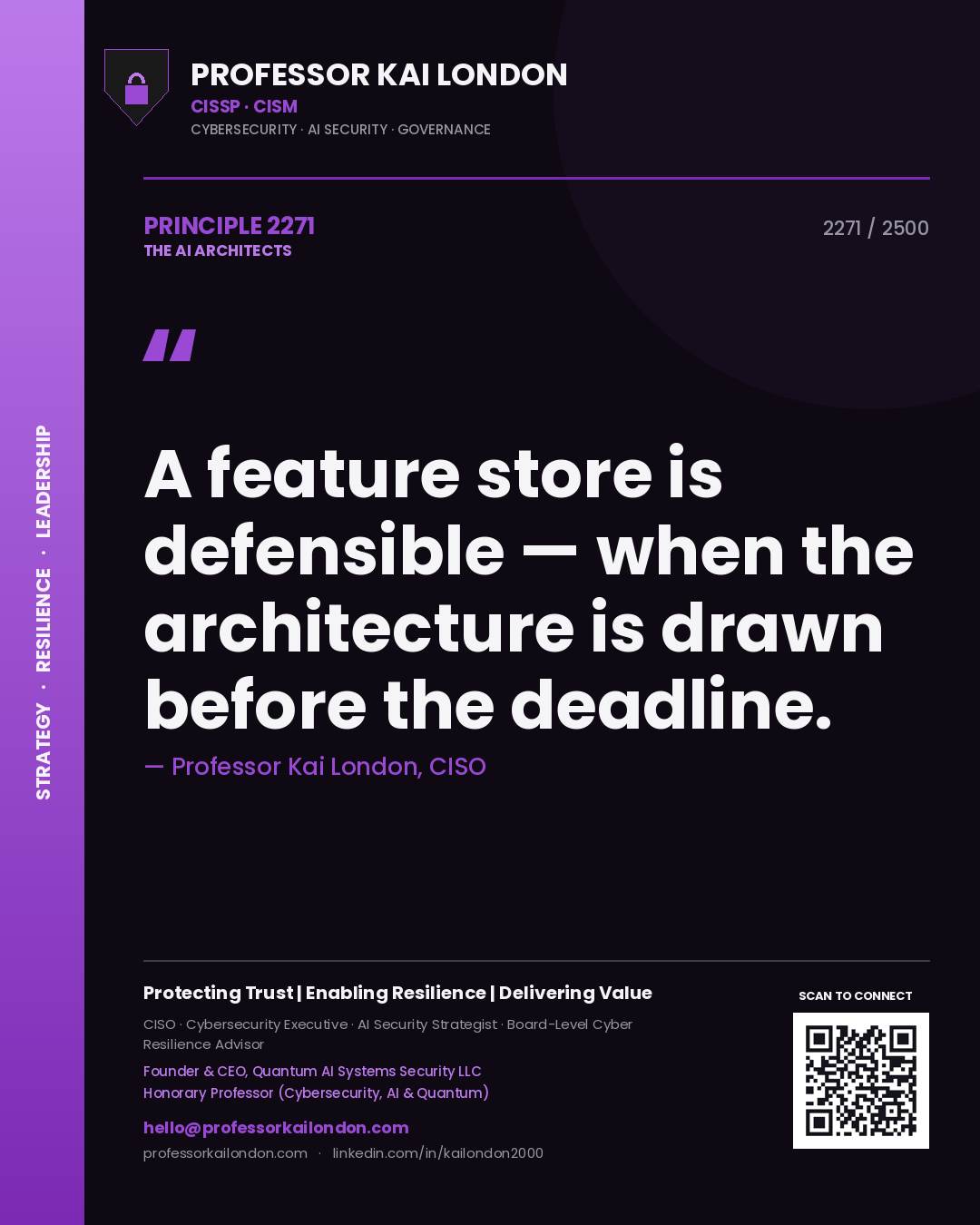 Professor Kai London principle 2271: A feature store is defensible — when the architecture is drawn before the deadline.